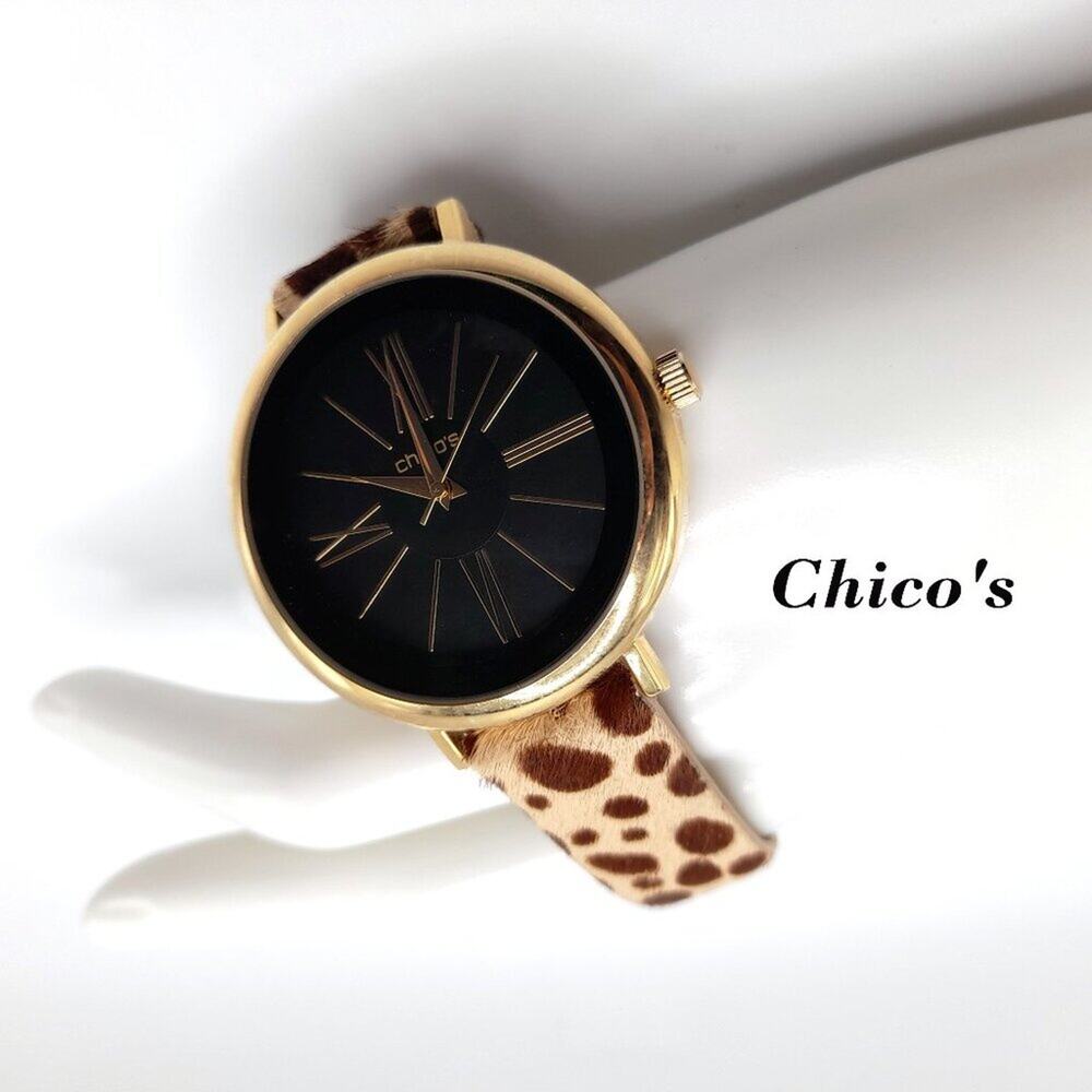 Chico's Animal Print Black Face Watch, Calf Skin Band, Needs Battery, 9 1/2 Inch